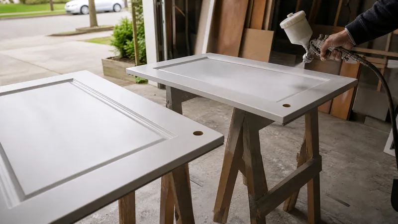 Sprayed white kitchen cabinet doors drying on racks in a Toronto spray booth with masked cabinet boxes in the background
