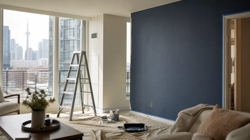 Painter cutting in the ceiling line of a bright downtown Toronto condo living room with the city visible through the window