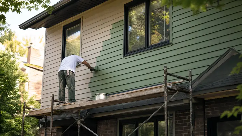 Painter on a ladder coating the wood siding and fascia of a two storey Toronto house